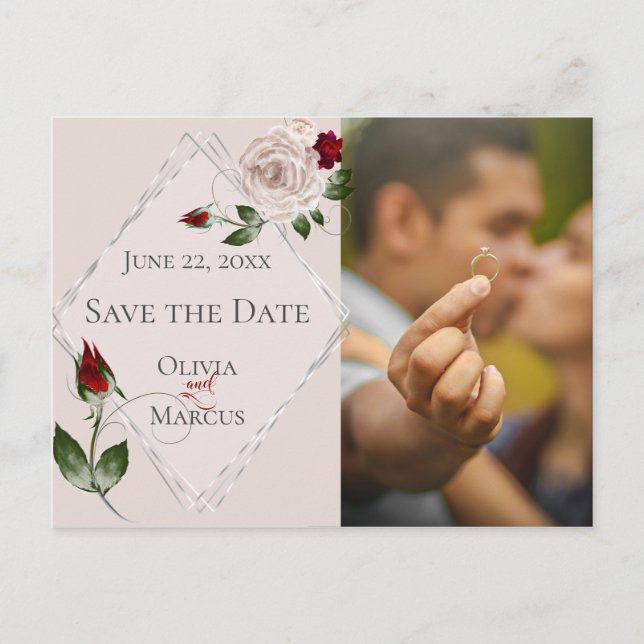 Photo Save the Date Blush and Wine Roses Postcard (Front)