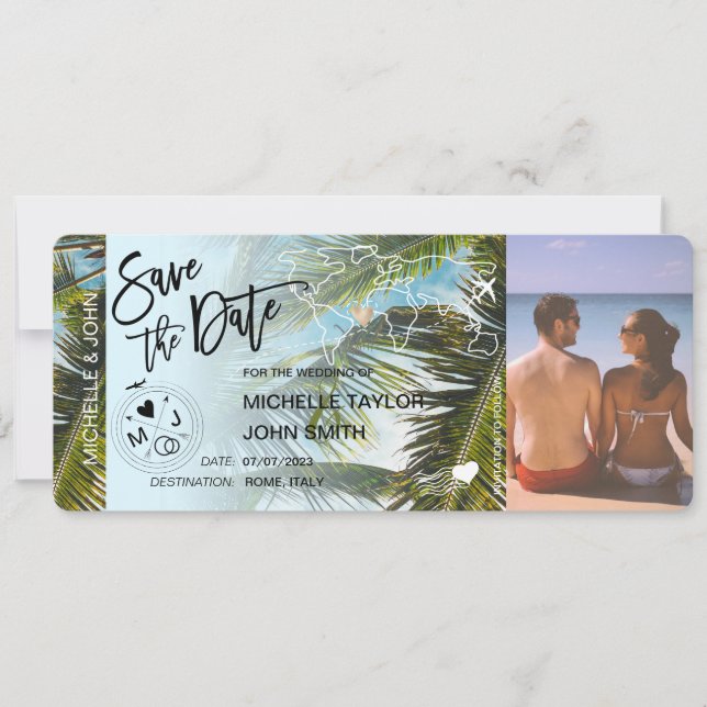 Photo Save the Date Boarding Pass Palm  Invitation (Front)