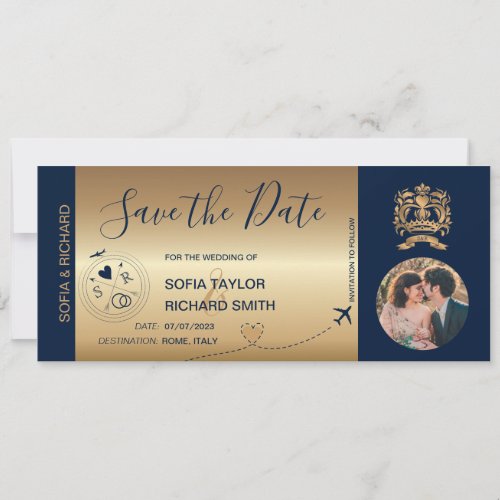 Photo Save the Date Boarding Pass Ticket Gold Invitation