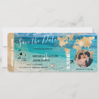 Photo Save the Date Boarding Pass World Map Beach Invitation