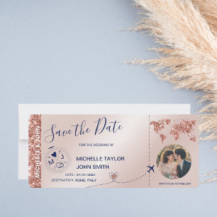 Photo Save the Date Boarding Pass World Map Invitation
