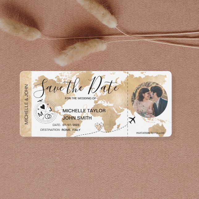 Photo Save the Date Boarding Pass World Map Invitation (Creator Uploaded)