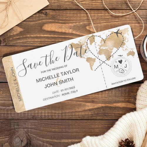 Photo Save the Date Boarding Pass World Map Invitation