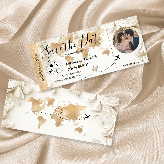 Photo Save the Date Boarding Pass World Map Invitation (Creator Uploaded)