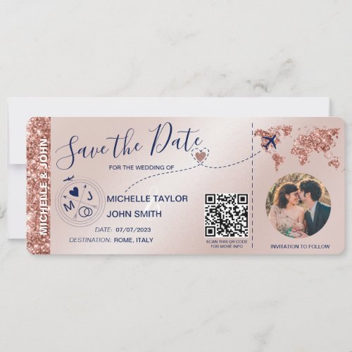 Photo Save the Date Boarding Pass World Map QR Invitation