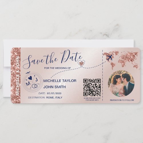 Photo Save the Date Boarding Pass World Map QR Invitation