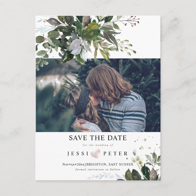 Photo Save the Date, Boho Blue Gum Eucalyptus Announcement Postcard (Front)
