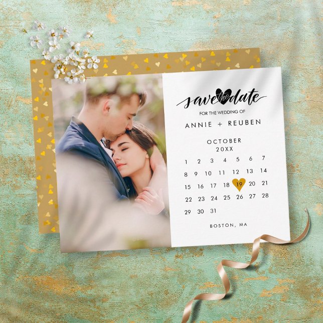 Photo Save the Date Calendar Chic Gold Heart  Postcard (Creator Uploaded)