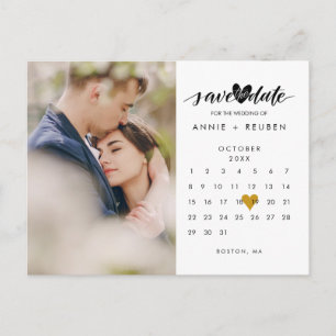 Photo Save the Date Calendar Elegant Gold Heart Announcement Postcard