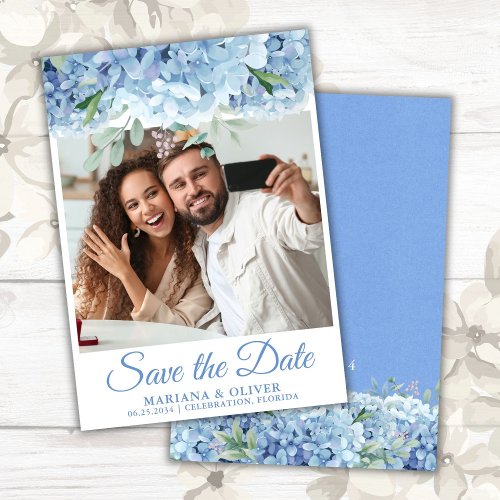 Photo Save the Date Card Blue Hydrangeas Floral