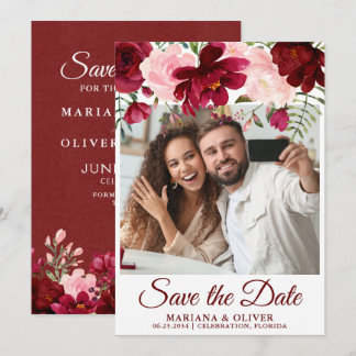 Photo Save the Date Card Burgundy Pink Floral