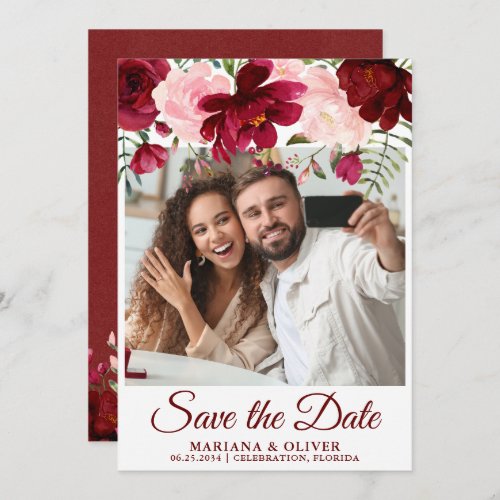 Photo Save the Date Card Burgundy Pink Floral