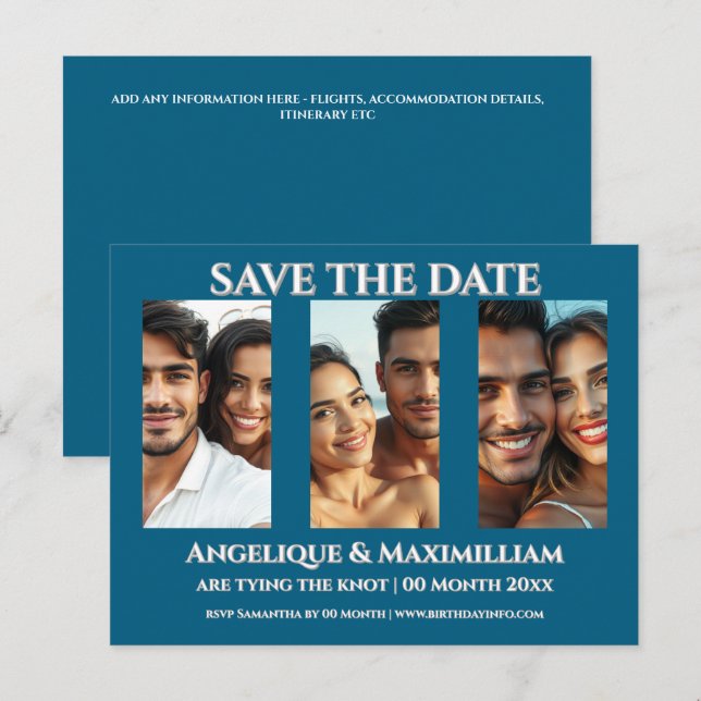 Photo save the date card elegant modern 3 pic blue (Front/Back)