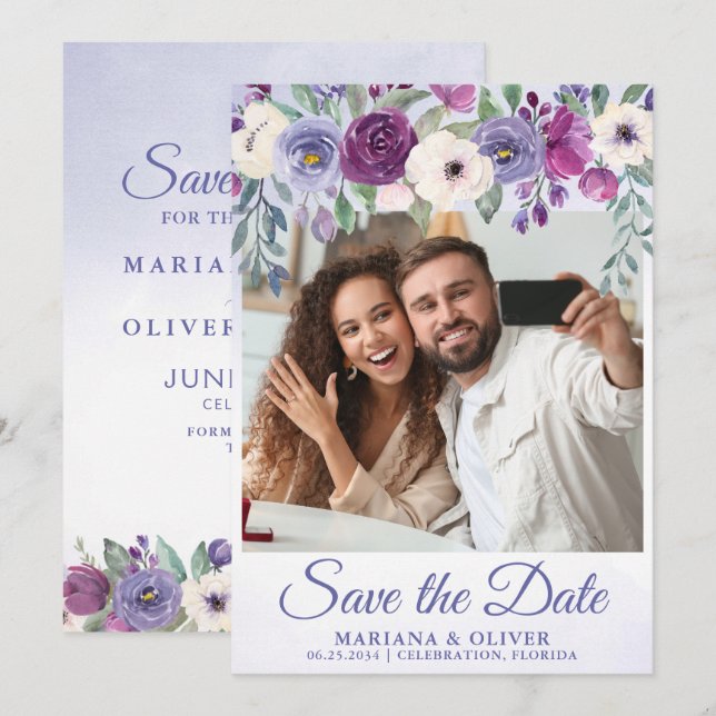 Photo Save the Date Card Periwinkle Fuchsia Floral (Front/Back)