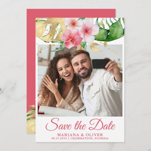 Photo Save the Date Card Tropical Palms Floral