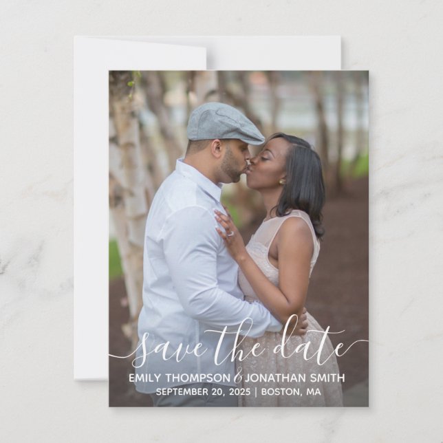Photo Save the Date Card, White Modern Script (Front)