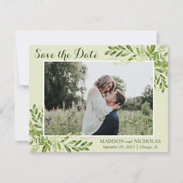 Photo Save the Date Cards with Botanical Greenery (Front)