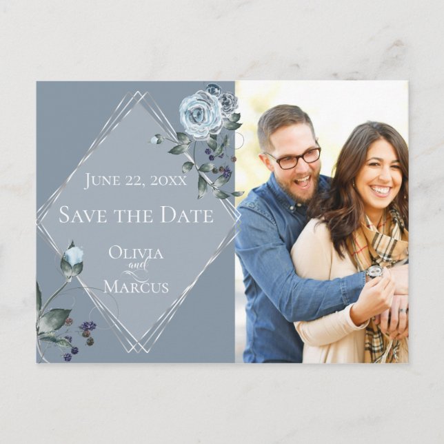 Photo Save the Date Dusty Blue Floral Silver Postcard (Front)
