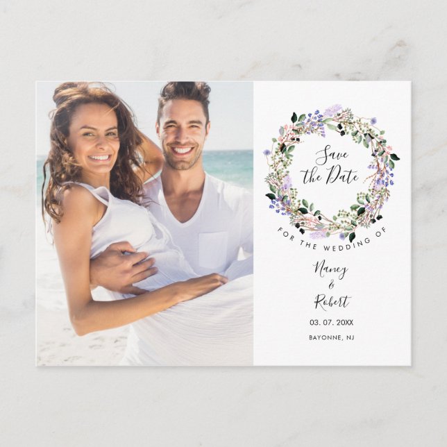 Photo Save the Date Elegant Chic Lavender Floral Postcard (Front)