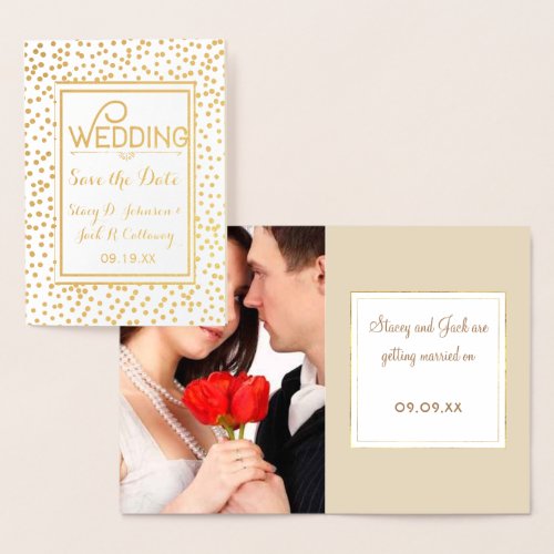 Photo Save the Date Gold Confetti Typography Foil Card