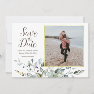 Photo Save the Date | Gold Frame Watercolor Floral