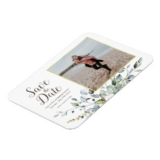 Photo Save the Date | Gold Frame Watercolor Floral Magnet