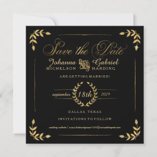 Photo Save the Date, Gold Laurel Leaf Typography Date