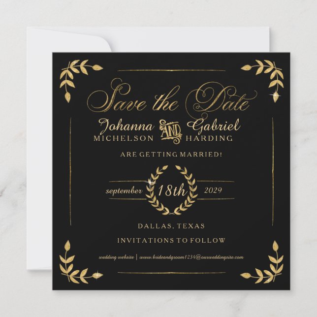 Photo Save the Date, Gold Laurel Leaf Typography Save The Date (Front)