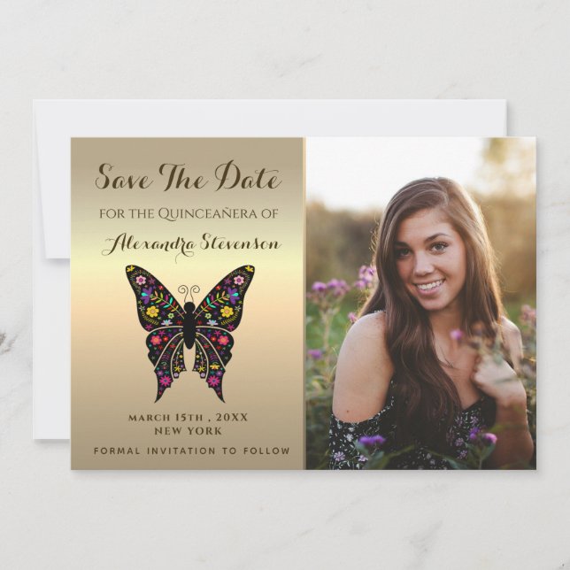 Photo Save The Date Gold Quinceanera Butterfly (Front)