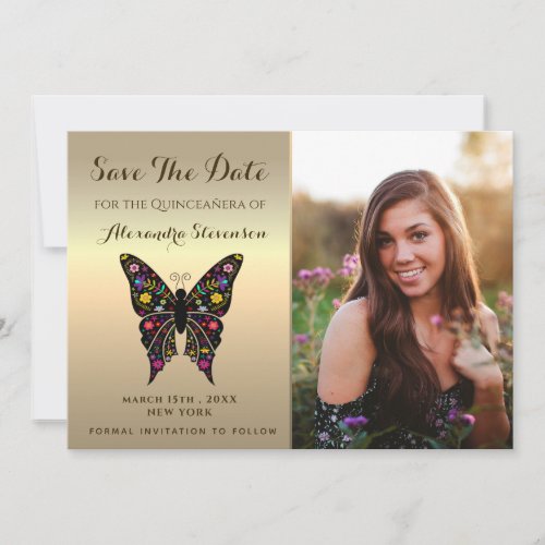 Photo Save The Date Gold Quinceanera Butterfly