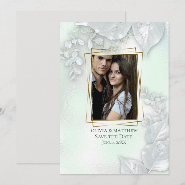 PHOTO SAVE THE DATE | Honeydew Shimmery Leaves Invitation (Front/Back)