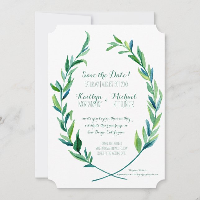 Photo Save the Date Laurel Wreath Olive Leaf Art Invitation (Front)