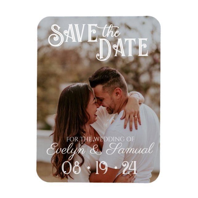 Photo Save the Date Magnet with White Text (Vertical)