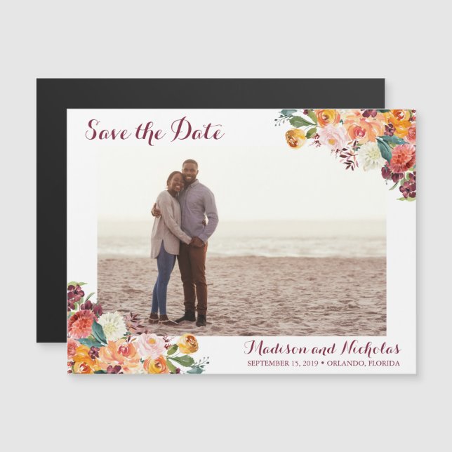 Photo Save the Date Magnets, Fall Flower Wedding Magnetic Invitation (Front/Back)