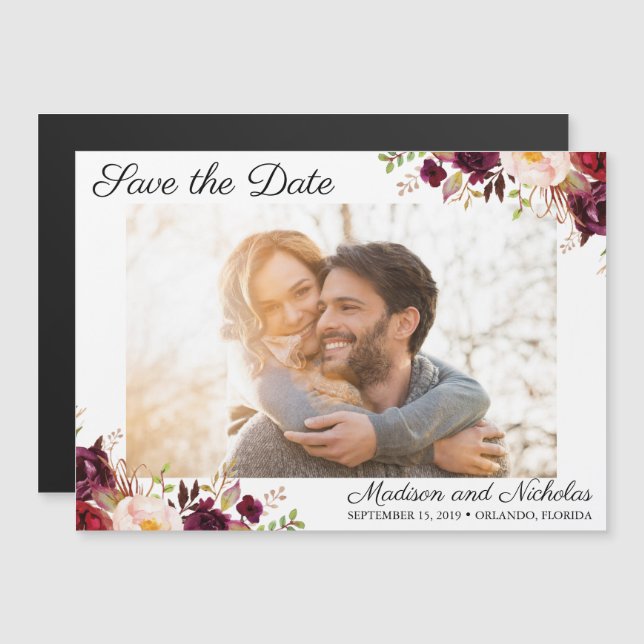 Photo Save the Date Magnets Marsala Pink Flower (Front/Back)