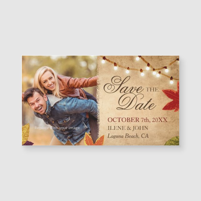 Photo Save the Date Magnets Rustic Wedding Leaves (Front)