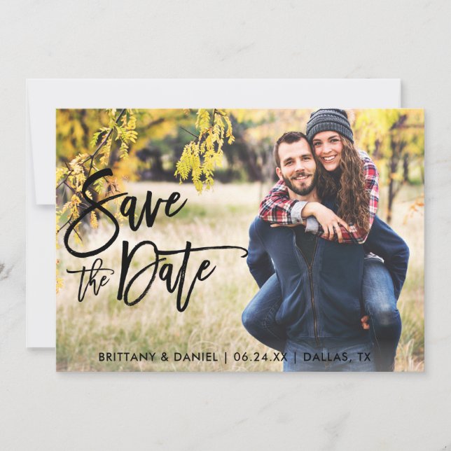 Photo Save The Date Modern Brush Script Card (Front)