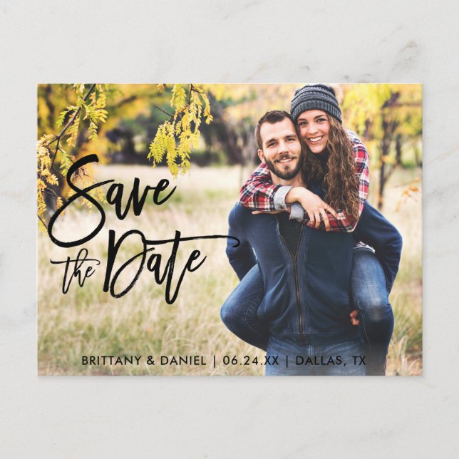 Photo Save The Date Modern Brush Script Postcard (Front)