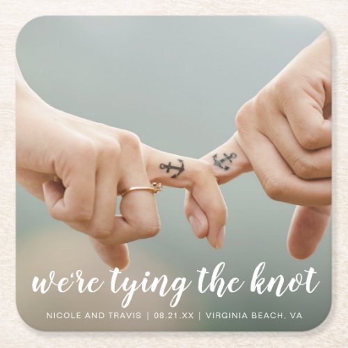 Photo Save the Date Nautical Were Tying the Knot Square Paper Coaster