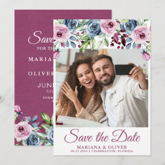 Photo Save the Date Navy Blue Burgundy Floral Invitation