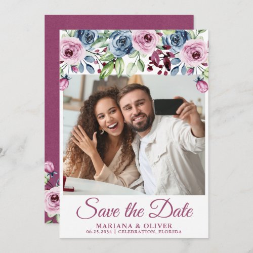 Photo Save the Date Navy Blue Burgundy Floral Invitation