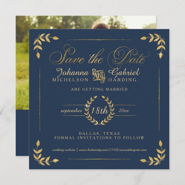 Photo Save the Date, Navy Gold Laurel Leaf Save The Date (Front/Back)
