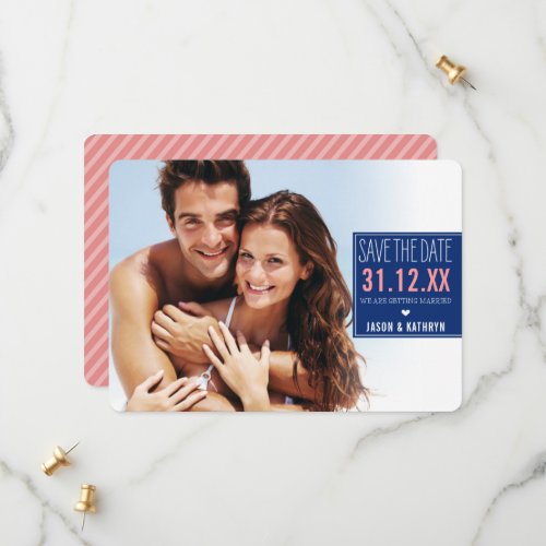 PHOTO SAVE THE DATE ombre angled stripe navy coral