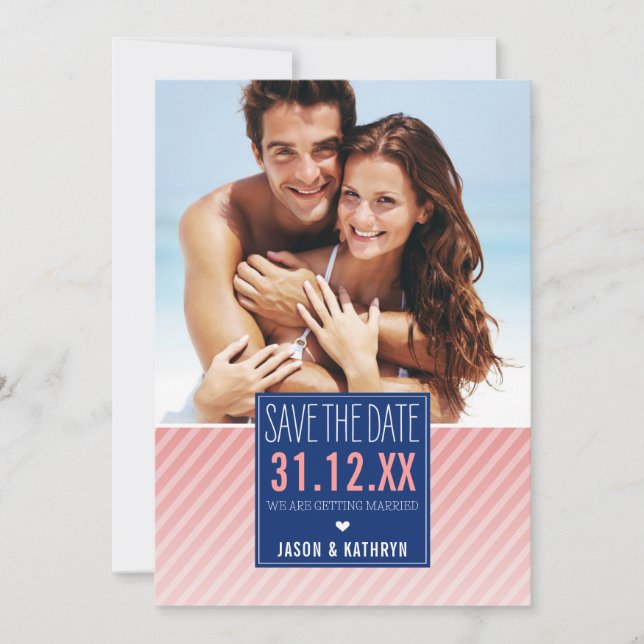 PHOTO SAVE THE DATE ombre angled stripe navy coral (Front)