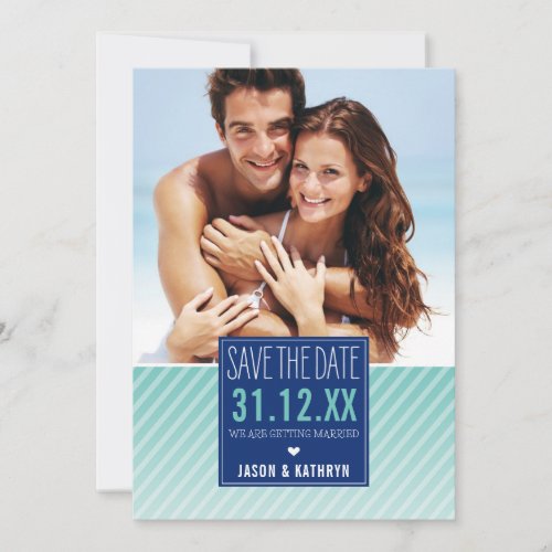 PHOTO SAVE THE DATE ombre angled stripe navy mint
