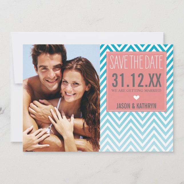 PHOTO SAVE THE DATE ombre chevron turquoise coral Invitation (Front)