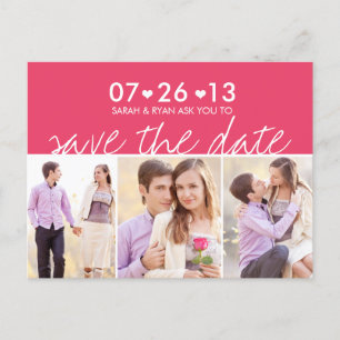 Photo Save the Date Pink Stripe Hearts Postcard
