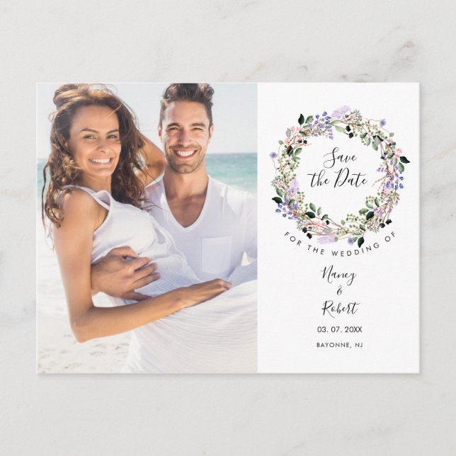 Photo Save the Date Pretty Lavender Floral Garland Announcement Postcard (Front)