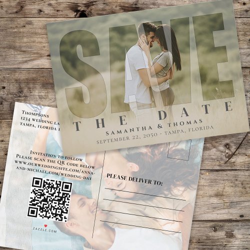Photo Save the Date QR Code Elegant Typography Announcement Postcard