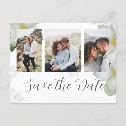 Photo Save the Date QR Code White Floral Magnolia Postcard